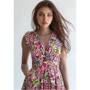 TAYLOR Floral Dress Size Small Pink Mini Short Sleeve VNeck Ruffle Tiered NWT